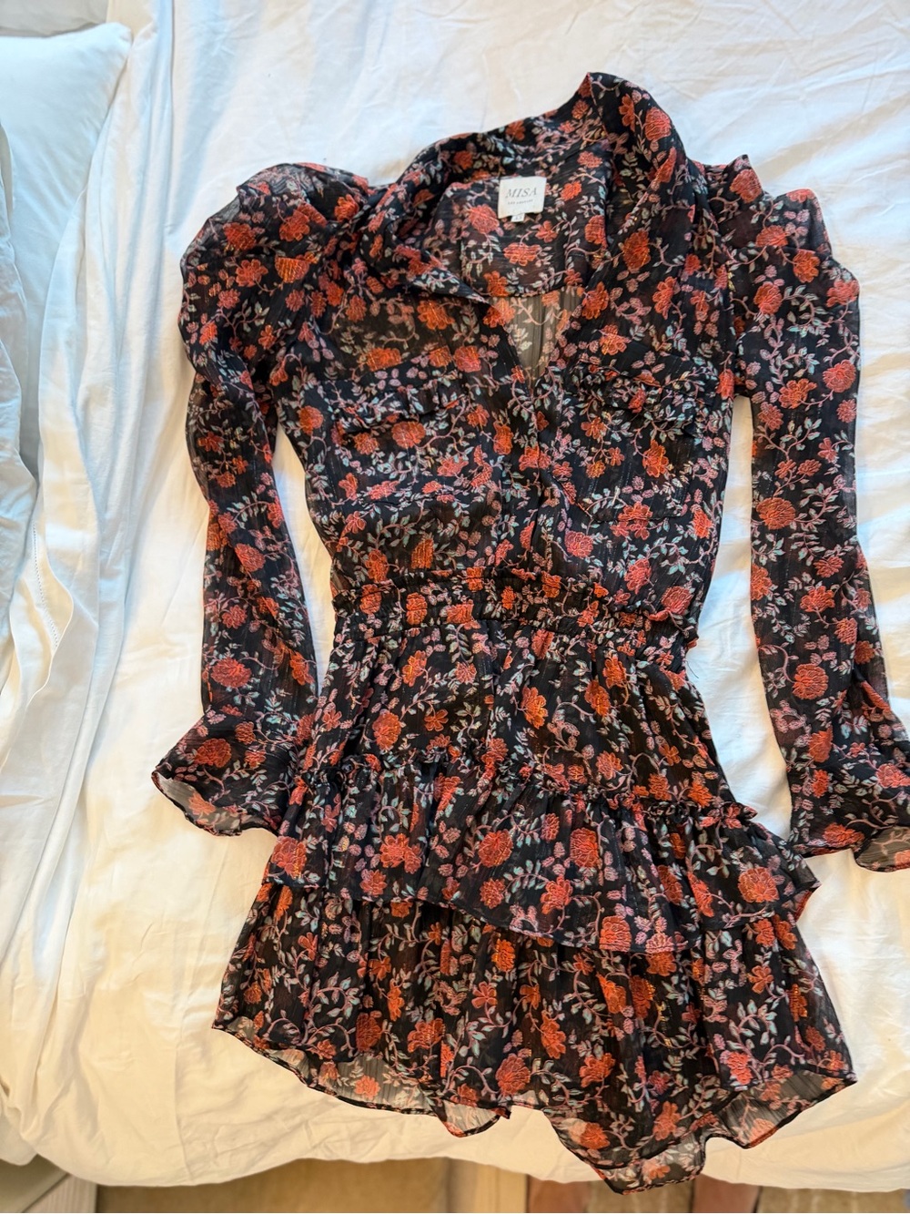 MISA Los Angeles Floral Ruffle Mini Dress XS Black red